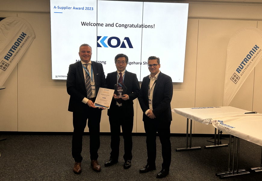 KOA Europe is delighted to be recognized as a A Supplier within RUTRONIK, and the award which we received for our achievements. We feel privileged to have received such an acknowledgement from one of our valued Distributors.  KOA would like to extend our sincere thanks to Rutronik for honoring us with this award, and look forward to building upon this success.